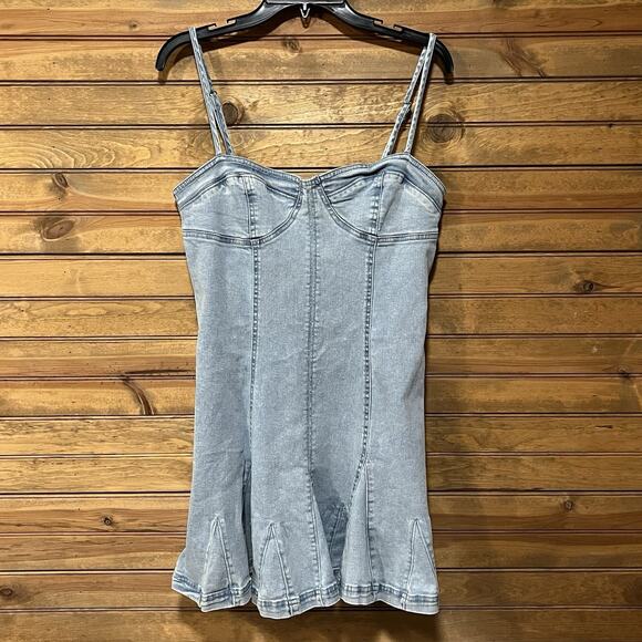 Free People Social Hour Mini Dress Blue Denim Strappy Size L Women’s Party - Picture 1 of 14